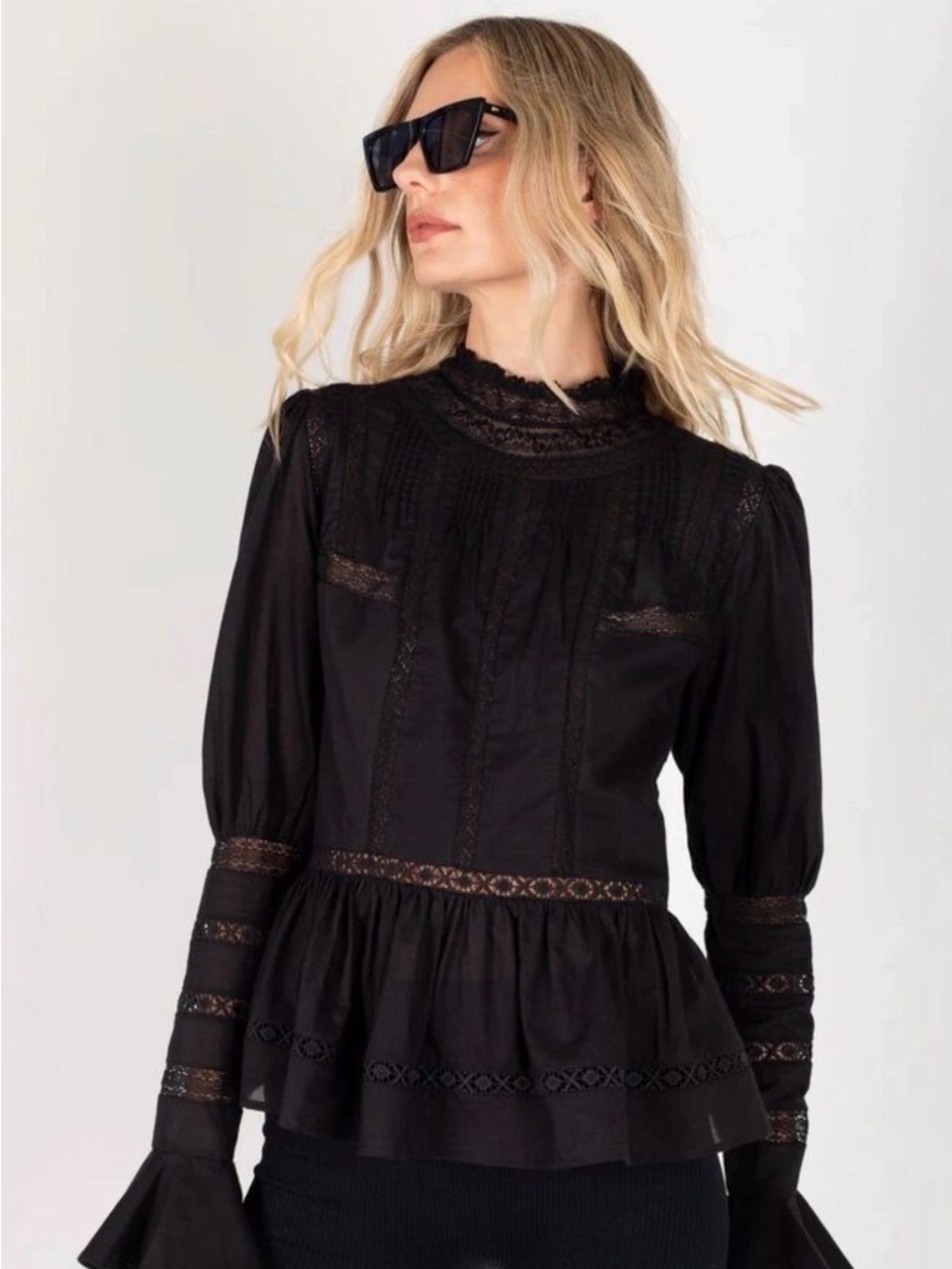Victorian-Inspired Black phoebe Lace cotton mock neck long sleeve blouse